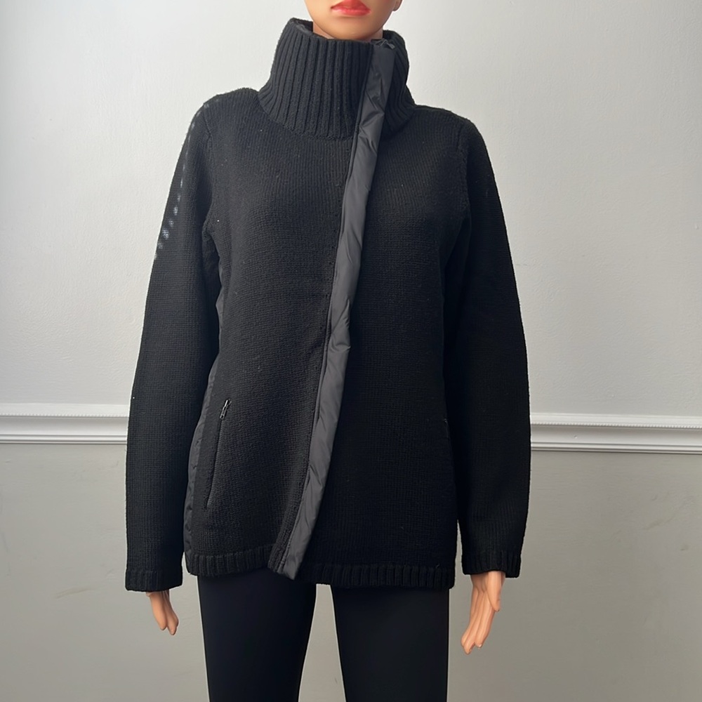NWT. EILEEN FISHER Black Merino Wool Knit Parka Trim High Collar Zip Jacket